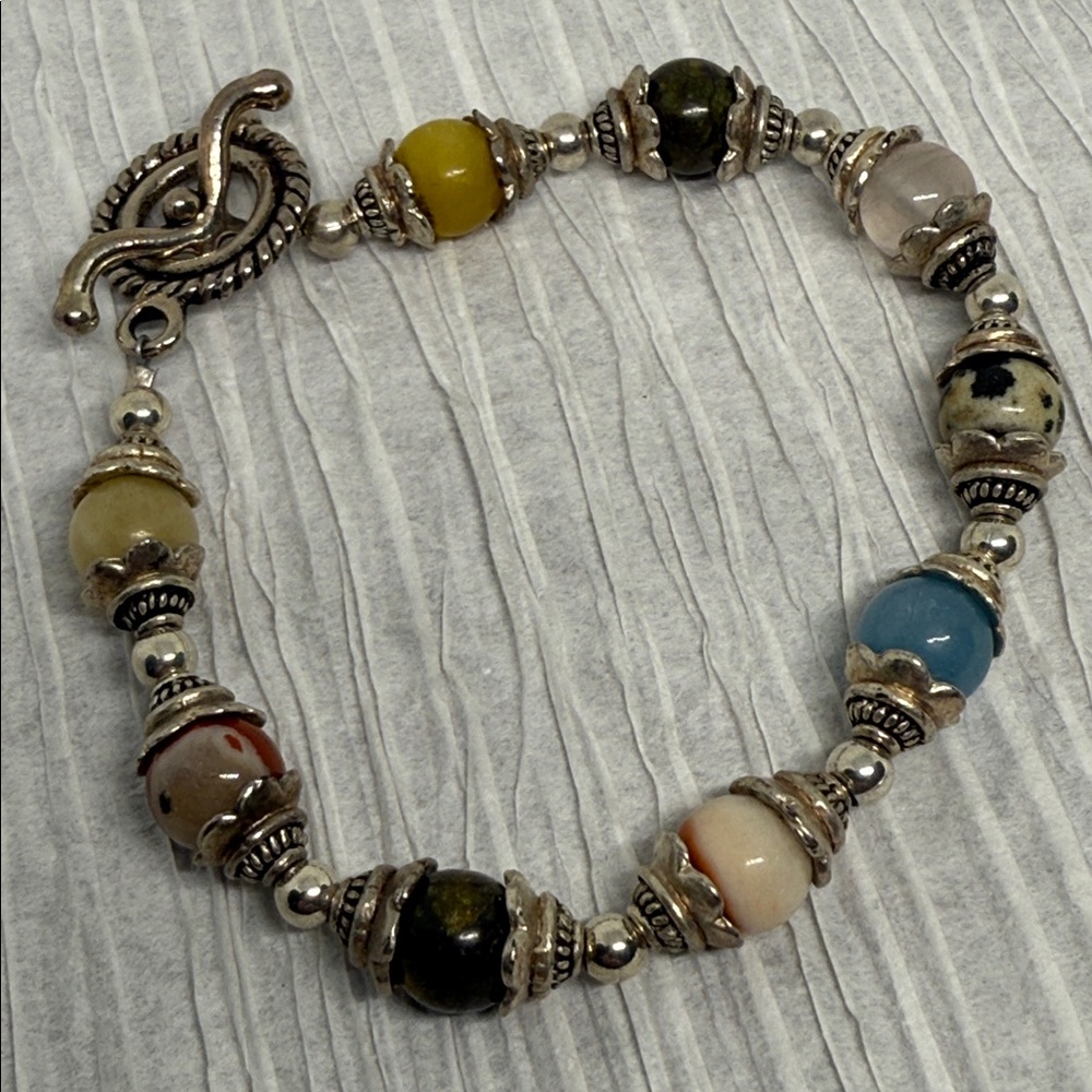 Silver Tone (Untested) Multi-Stone Beaded Bracele… - image 1